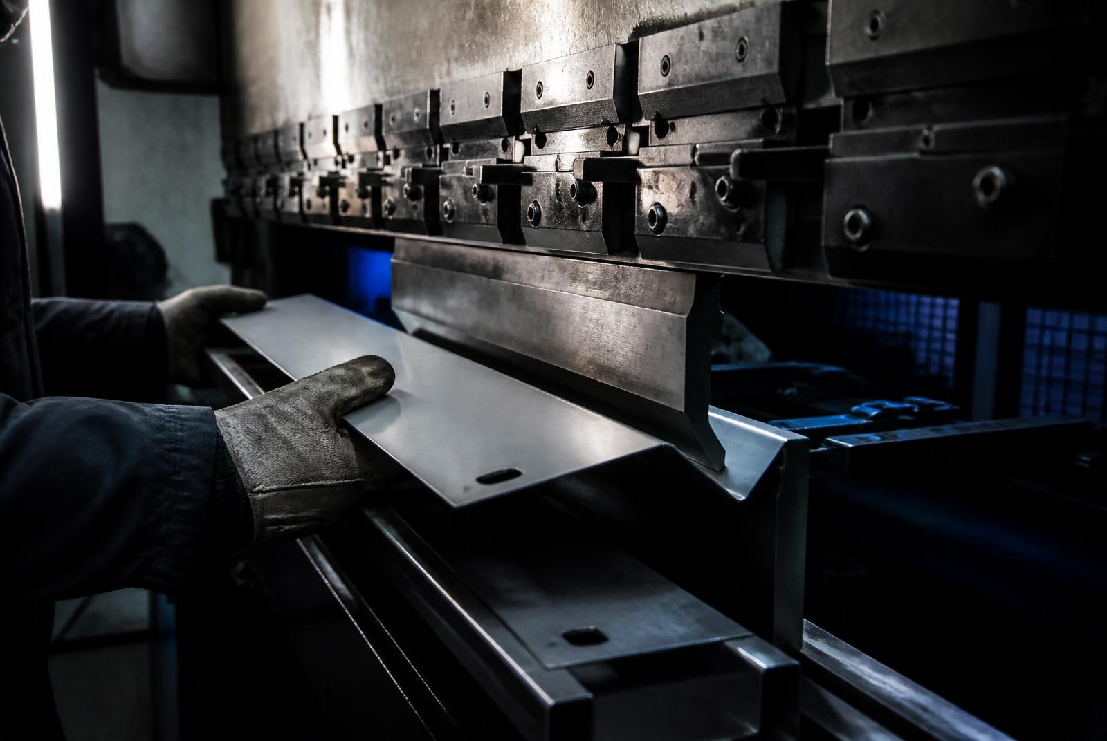 Prensa dobladora CNC formando una lámina de acero, operador con guantes de protección
