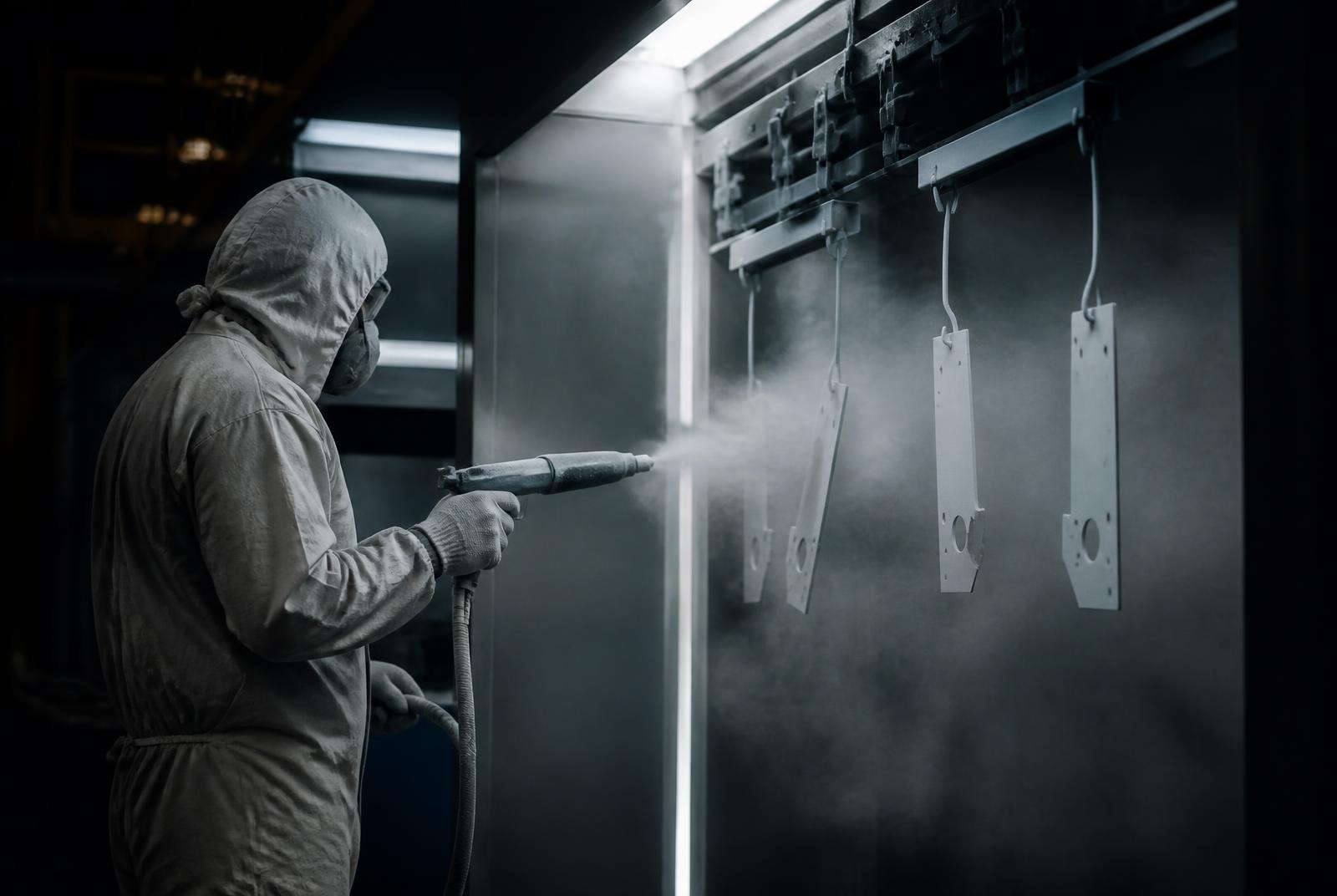 Aplicación de pintura electrostática en polvo sobre piezas de acero colgadas en cabina